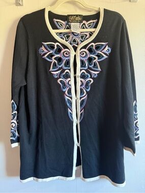 Bob Mackie Wearable Art L Embroidered Black Cardigan Floral Boho Statement